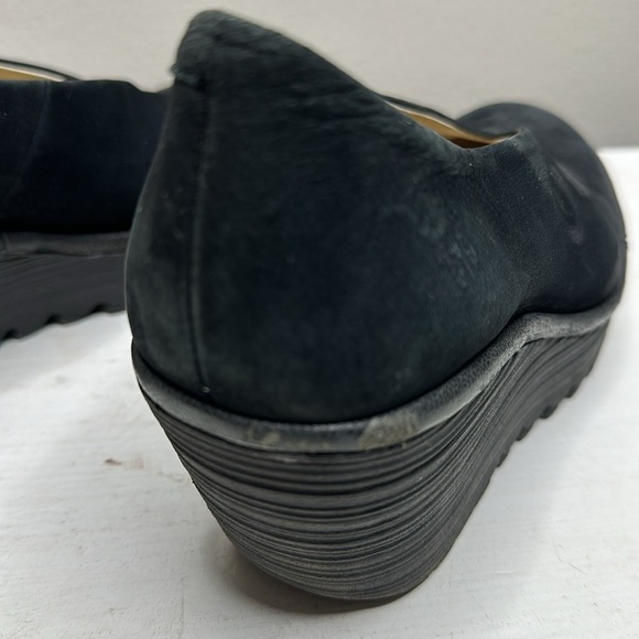Fly London Yaz Black Leather Suede Chucky Wedge Heels Slip On Shoes EU 38 US 7 - Picture 6 of 12